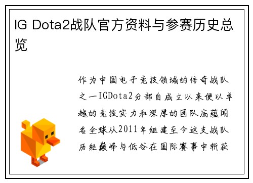 IG Dota2战队官方资料与参赛历史总览