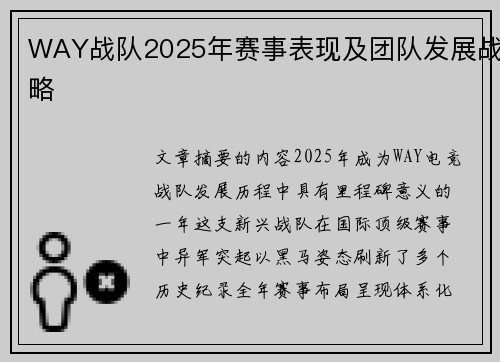 WAY战队2025年赛事表现及团队发展战略